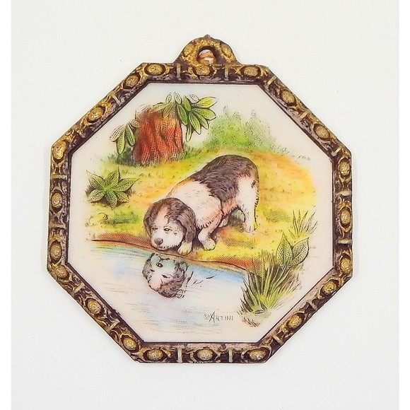 Artini Dog Reflection Sculptured Engraving Twin Etched 4-D Hand-Painted Hexagon - Picture 1 of 12
